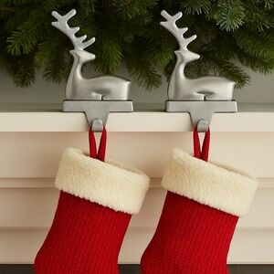 Crate Barrel Reindeer Brushed Matte Silver Stocking Hanger Holder Hooks SET of 2